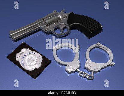 Illustration d'un pistolet police badge et paire de menottes sur un fond bleu Banque D'Images