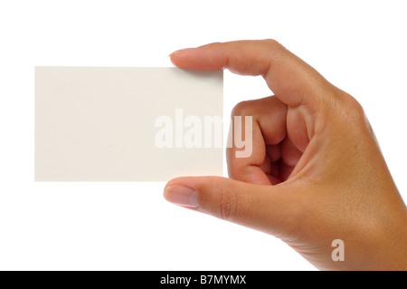 Main tenant une carte vide isolated on white Banque D'Images