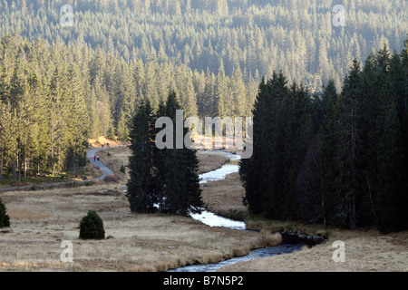 Randonnées en Modrava, République tchèque. Ce ruisseau traverse une prairie hiver en automne. Banque D'Images