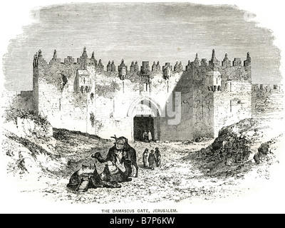 Porte de Damas Jérusalem Dieu fortifiication château commerce Guerre camal hommes femmes vêtements traditionnels Jésus bible ancien testament saint n Banque D'Images