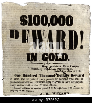 L'affiche de récompense offrant 100 000 $ en or pour la capture de Jefferson Davis en mai 1865. Avec un lavage aquarelle de demi-teinte Banque D'Images