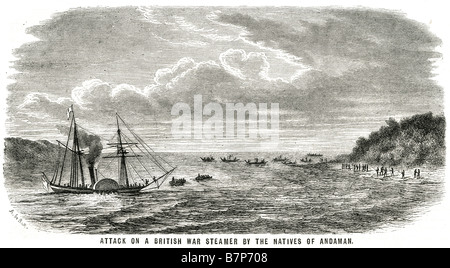 Bateau à Vapeur de guerre britannique attaque autochtones mer Andaman shore beach aviron bateaux navire maritime marine Marine lance les îles Andaman sont Banque D'Images