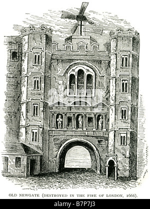 Le feu détruit Old newgate Londres 1666 gate building rue Vieille ville ville pavée traditionnelle England UK GB Grande-bretagne Newgat Banque D'Images