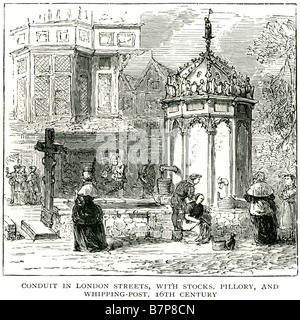 Londres Conduit Street Stock pilori flagellation Post 16ème Centuary corporels ville traditionnelle cour les stocks sont pavées device Banque D'Images