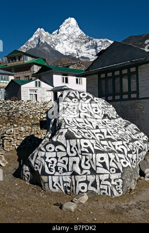 Une foi vivante des mantras ou syllabes sacrées d'être peinte sur un rocher sur le bord de la route dans la région de Pangboche village Népal Banque D'Images