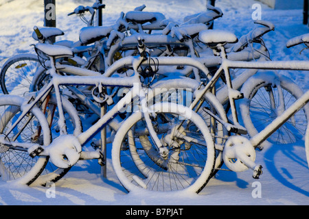 La neige a couvert plusieurs vélos verrouillé sur des supports à vélo dans le centre de Brighton après une lourde chute de neige la nuit Banque D'Images