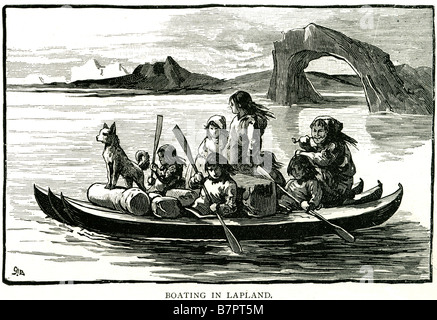 La Laponie mer nautique famille chien transport déménagement canoë kayak traditionnel de la province de Laponie (Lappi en finnois et Sami, L Banque D'Images