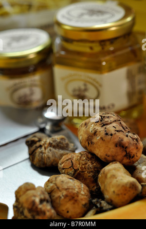 La truffe blanche fraîche avec les aliments produits à l'Ombrie avec saveur truffe : beurre, miel et truffe de la lame de couteau Banque D'Images