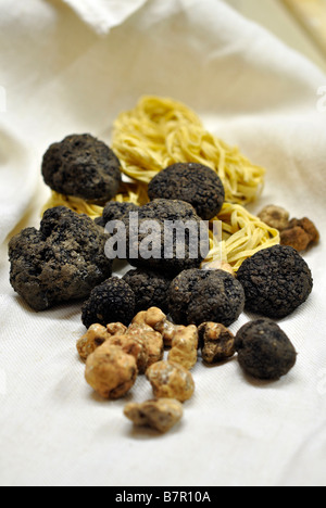 Des truffes noires et blanches avec des pâtes faites à la truffe Banque D'Images