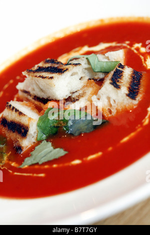 Soupe méditerranéenne avec le basilic et croûtons Banque D'Images