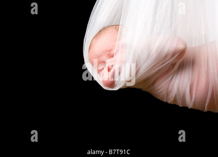 Forfait bébé cigogne 14 jours Naissance bebe Fille réalisée dans un tissu blanc Banque D'Images