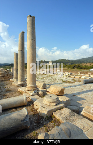 Le long de l'avenue principale de colonnes à Patara, une ancienne ville Lycienne, au sud-ouest de la Turquie moderne. Banque D'Images