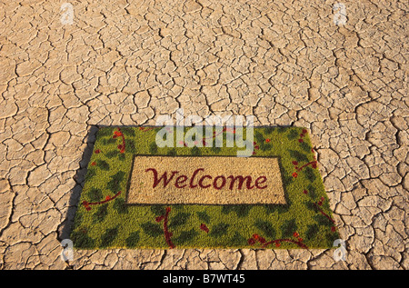 Tapis de bienvenue sur un lit de lac à sec, désert de Mojave, Californie, USA. Nov 2008 Photo. Banque D'Images