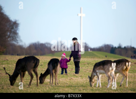 Mère et fille regarde le daim Dama dama pâturage sur les 15 acres dans le Phoenix Park Dublin avec la croix papale Banque D'Images