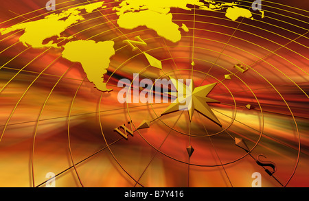 Boussole avec carte du monde sur abstract background Banque D'Images