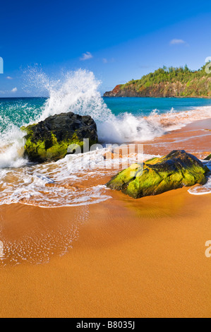 Surf se brisant sur des roches de lave à Kauapea Beach plage secrète Phare Kilauea visible île de Kauai Hawaii Banque D'Images