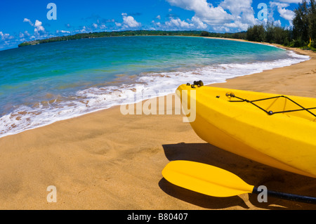 Kayak et paddle sur plage sur la baie de Hanalei île de Kauai Hawaii Banque D'Images