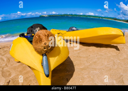 Les kayaks et les noix de coco sur la plage à la baie de Hanalei île de Kauai Hawaii Banque D'Images