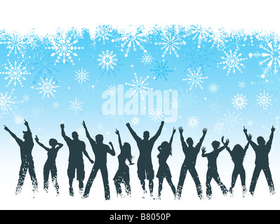 Silhouettes de personnes dansant sur snowflake background Banque D'Images