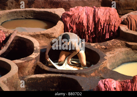 Pieds nus homme en train de mourir à l'ancienne tannerie cuves à Chouwara en plein coeur de la médina, Fès el-Bali, Maroc, Maroc Banque D'Images