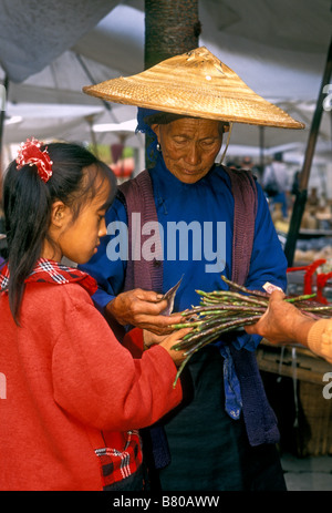 Les chinois, peuple Bai Bai, l'appartenance ethnique, minorités ethniques, femme mature, de l'alimentation, la vente des asperges, Dali, Yunnan Province, China, Asia Banque D'Images