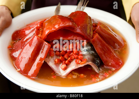 Tête de poisson cuit avec les poivrons et le piment est un plat populaire en Chine. Banque D'Images