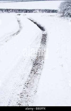 Les chenilles du tracteur dans la neige. Banque D'Images