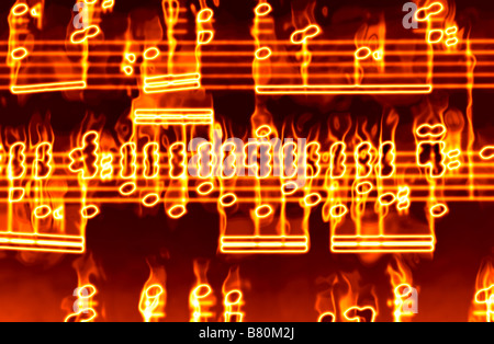 Grande image de notes de musique en feu et l'incendie Banque D'Images