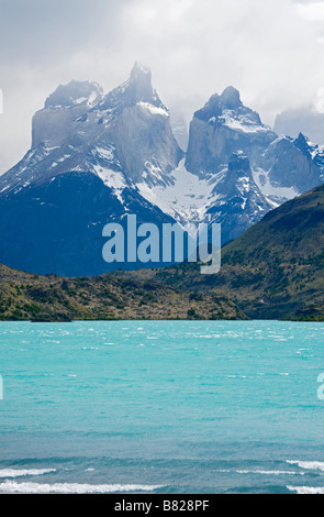 Rio Paine avec le "cornes" en arrière-plan, Torres del Paine Banque D'Images