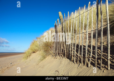 Le piégeage du sable sur les dunes de l'érosion de l'escrime à Formby Point Banque D'Images