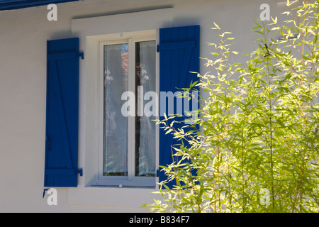 Volets en bois bleu sur maison blanche, France