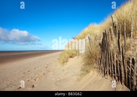 Le piégeage du sable sur les dunes de l'érosion de l'escrime à Formby Point Banque D'Images