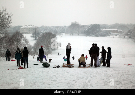 Adultes et enfants de profiter de la neige ensemble dans Beckenham Place Park, Lewisham Banque D'Images