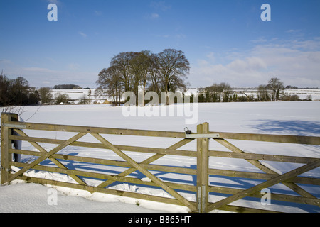 Champs couverts de neige dans l'Oxfordshire sur un fond bleu Banque D'Images