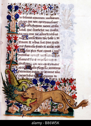 Maître des heures de Jean de Montauban, autographe de la Heures d'Rohan-Montauban : Lion dévorant un animal Banque D'Images