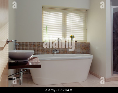 Salle de bains moderne autonome neutre avec baignoire et lavabo Banque D'Images