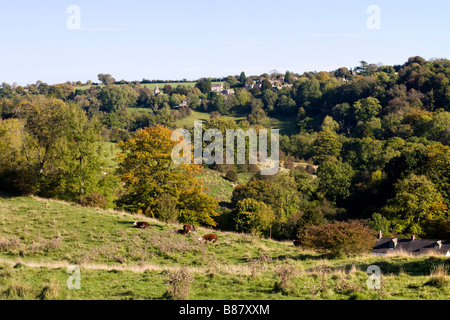 Le village de Cotswold Sapperton, Gloucestershire - vue de l'ensemble de la partie supérieure de la vallée à Daneway Frome Banque D'Images