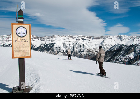 Soigné avec une vue, voir point 2 signe, station de ski de Telluride Telluride, Colorado. Banque D'Images