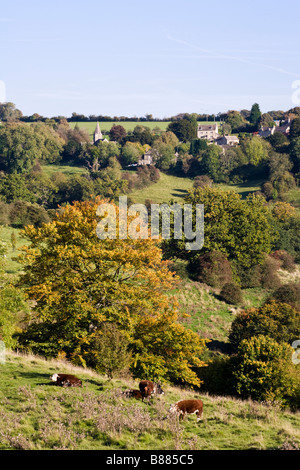 Le village de Cotswold Sapperton, Gloucestershire - vue de l'ensemble de la partie supérieure de la vallée à Daneway Frome Banque D'Images