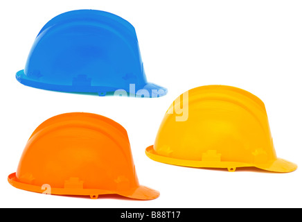 Trois casques bleus a sur fond blanc jaune orange bleu Banque D'Images