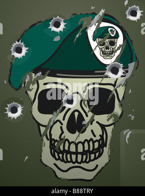 Un crâne et rétro motif militaire béret sur une surface verte camp métal endommagé avec des trous de balle dans c Banque D'Images