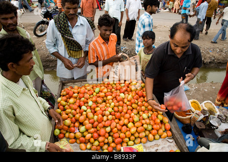 Sacs client étant tomates vendus par sur un marché de fruits et légumes, wc séparés. Hazira, Surat, Gujarat. L'Inde. Banque D'Images