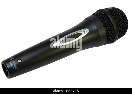 Microphone noir sur fond blanc avec la réflexion. Banque D'Images