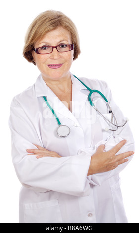 Femme médecin dans un livre blanc robe médical un over white background Banque D'Images