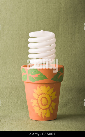 Écosympa concept de solutions d'économies d'énergie métaphore symbole ampoule fluorescente compacte haleté dans pot en argile isolé sur le vert et pour le jour de la Terre Banque D'Images