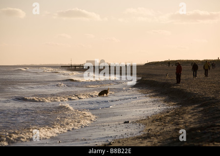 Les promeneurs sur la plage de Southwold hiver en soirée après-midi au soleil avec la centrale nucléaire de Sizewell à distance Banque D'Images