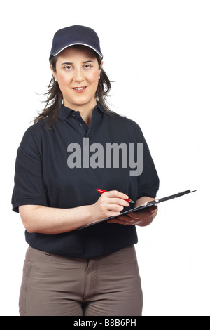 A smiling woman courrier écrit isolé sur fond blanc Banque D'Images