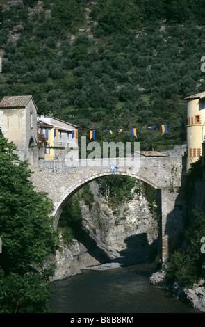Pont de Pierre médiéval sur le fleuve Var, Entrevaux, Alpes de Haute Provence, Alpes du sud, Provence, France Banque D'Images