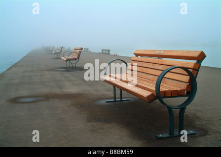 Des bancs de parc Pier, brouillard, Dalhosie Port St Catherines, Ontario Banque D'Images