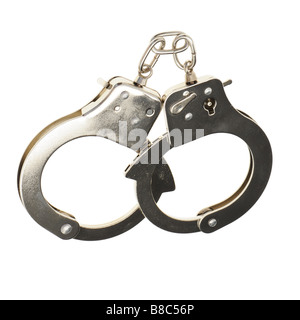 Menottes menottes de fer isolé sur fond blanc Banque D'Images